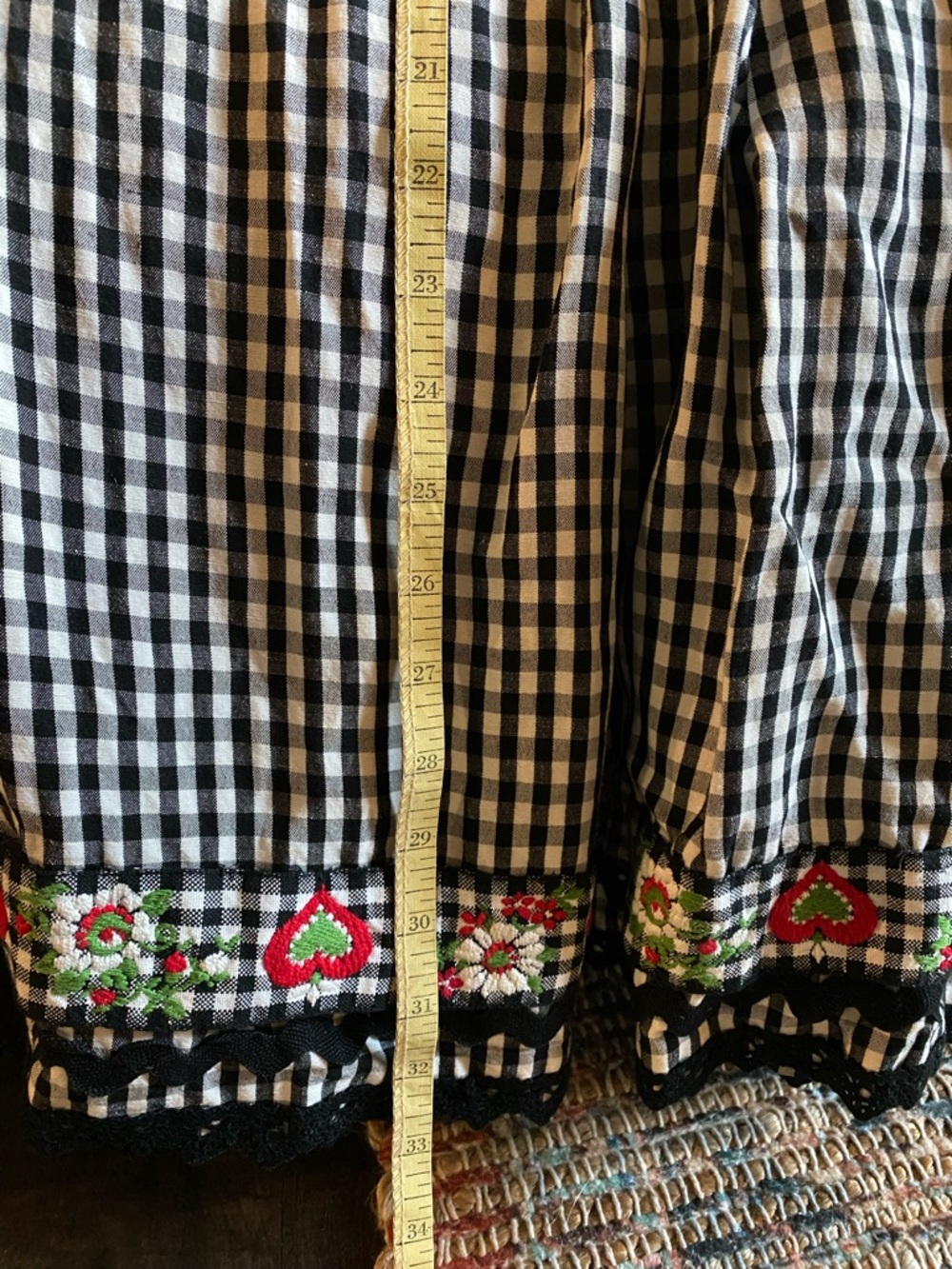 Vintage Handmade Black & White Gingham A-Line Skirt with Floral Trim - Picture 7 of 7